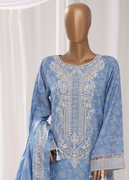 3 Piece Embroidred Stitched Blue Color Light Viscose Suit with Trouser & Dupatta