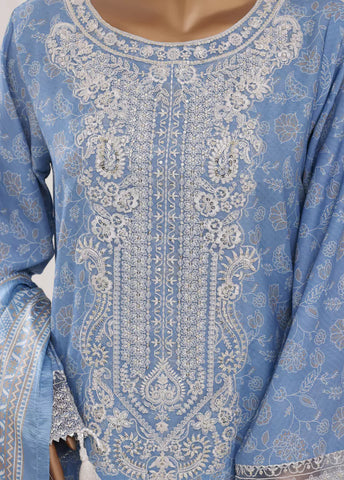 3 Piece Embroidred Stitched Blue Color Light Viscose Suit with Trouser & Dupatta