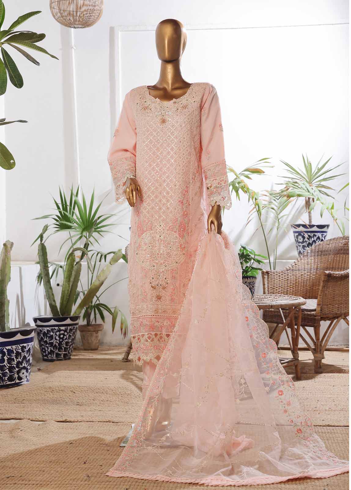 Bin Saeed Fabric - OWS-002- 3 Piece Organza Stitched Suit
