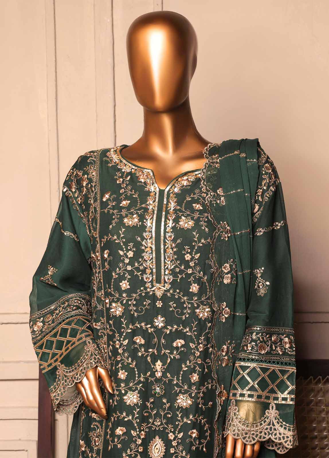 OWSC-FR-007 R55-3 Piece Luxury Embroidered Frock Style Suit