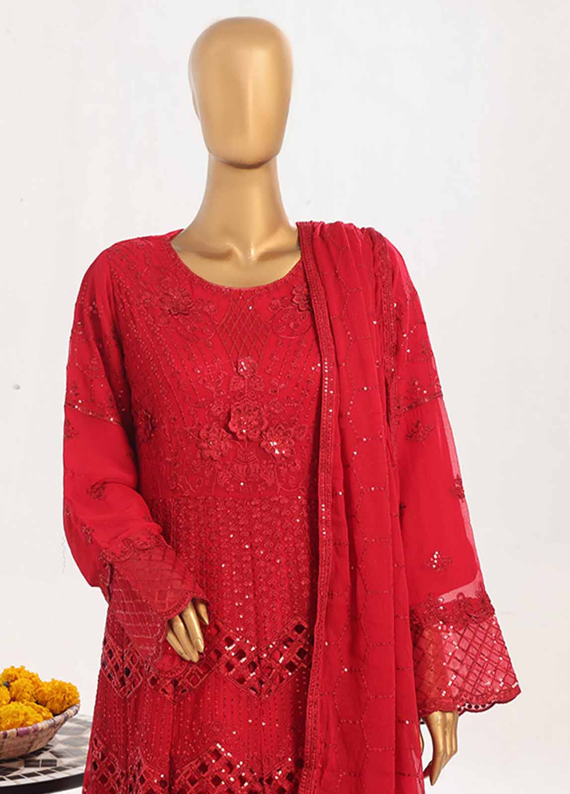 OWSC-007 M- 3 Piece Frock Style Chiffon Stitched Suit