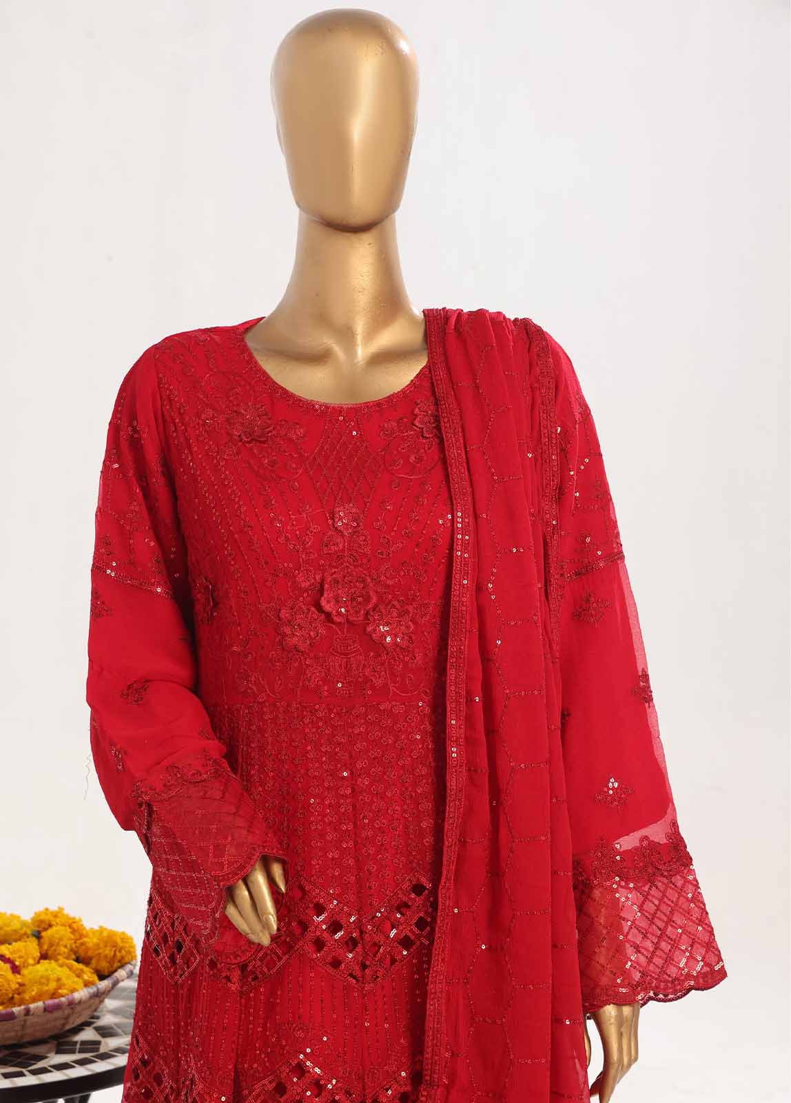 OWSC-007 M- 3 Piece Frock Style Chiffon Stitched Suit