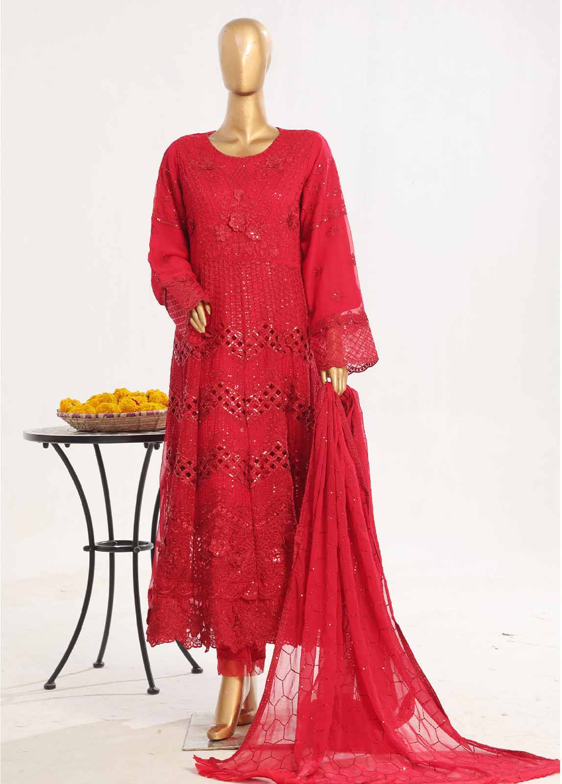 Bin Saeed Fabric - OWSC-007 M- 3 Piece Frock Style Chiffon Stitched Suit