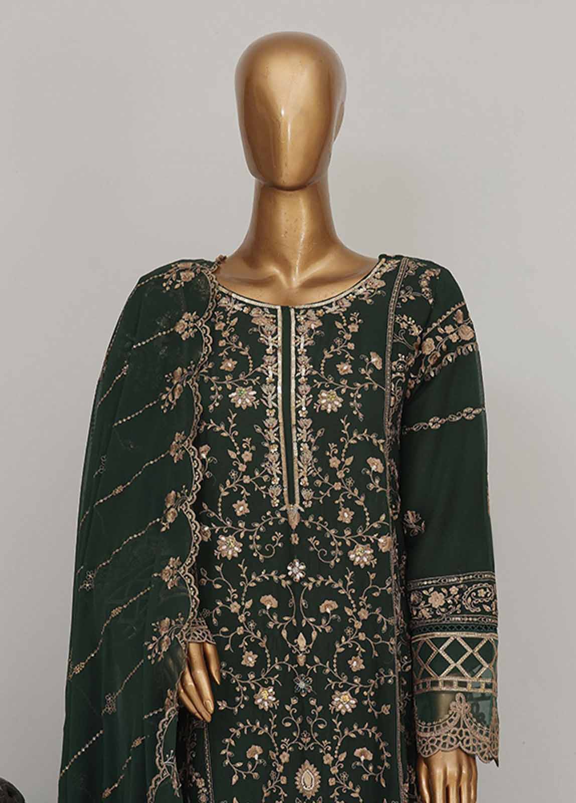Bin Saeed Fabric - OWSC-007 S- 3 Piece Frock Style Chiffon Stitched Suit
