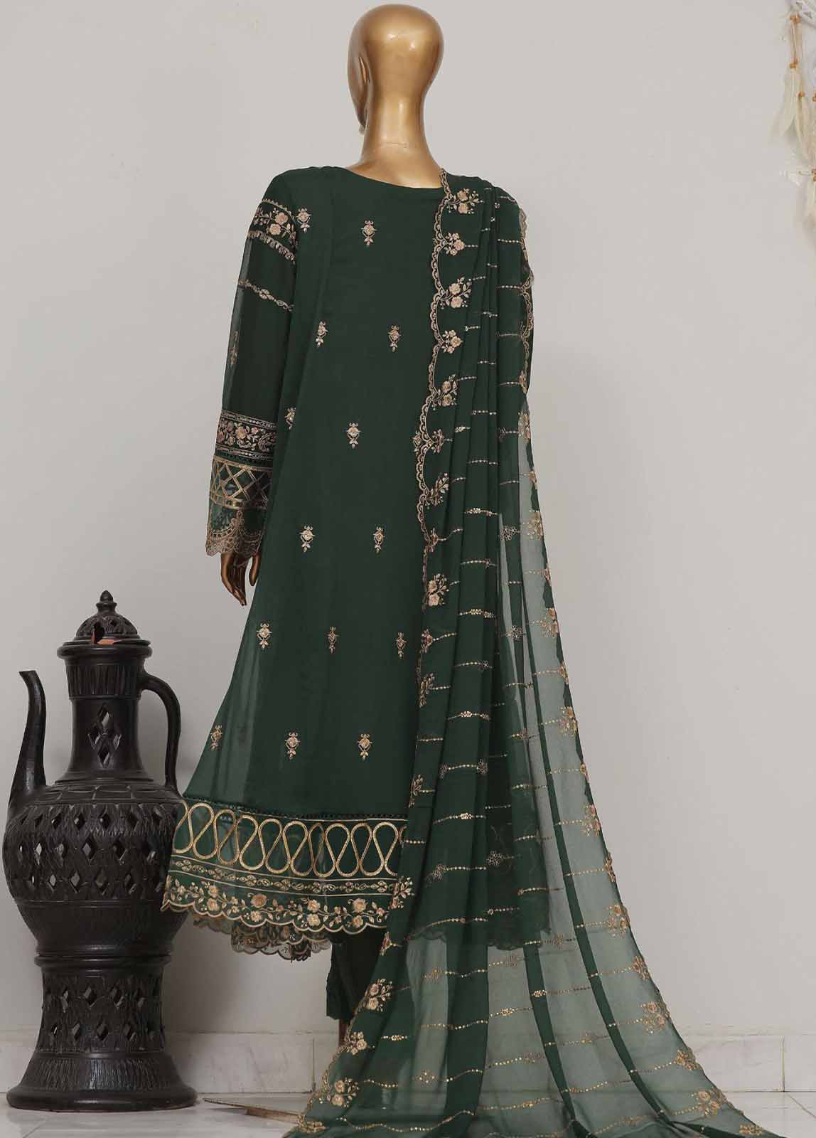 Bin Saeed Fabric - OWSC-007 S- 3 Piece Frock Style Chiffon Stitched Suit
