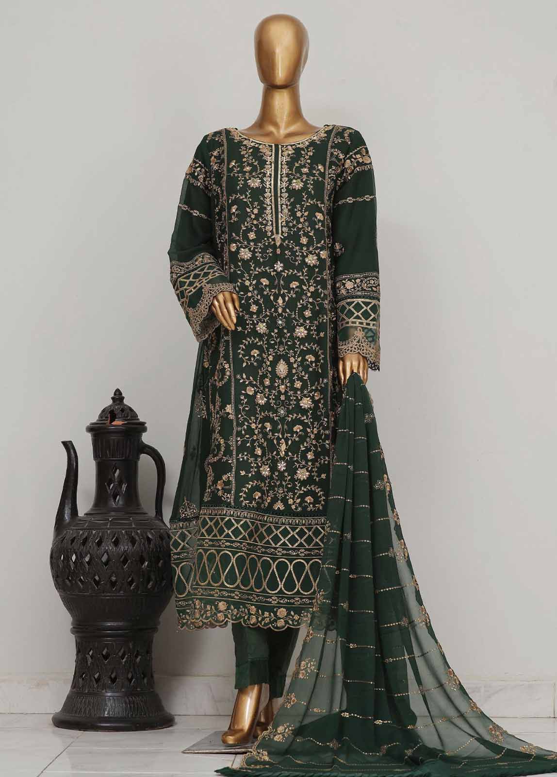 Bin Saeed Fabric - OWSC-007 S- 3 Piece Frock Style Chiffon Stitched Suit