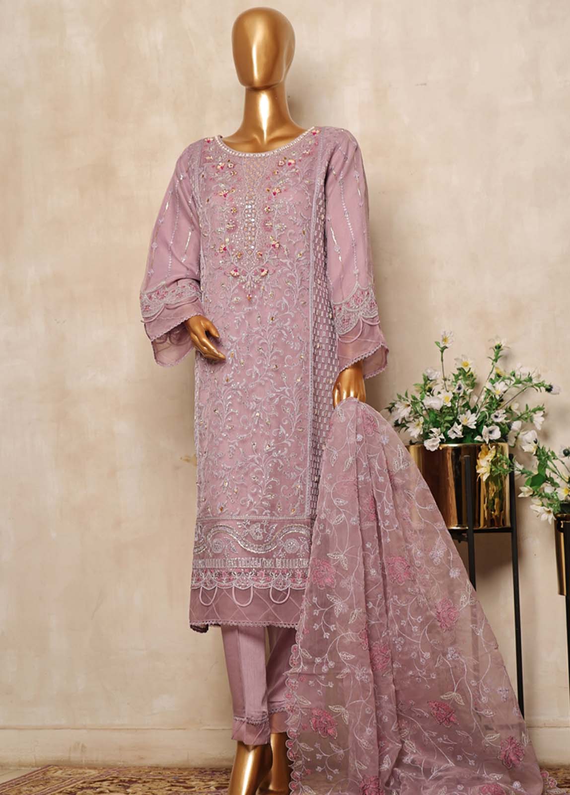 Bin Saeed Fabric - RTS-003 B- 3 Piece Embroidered Organza