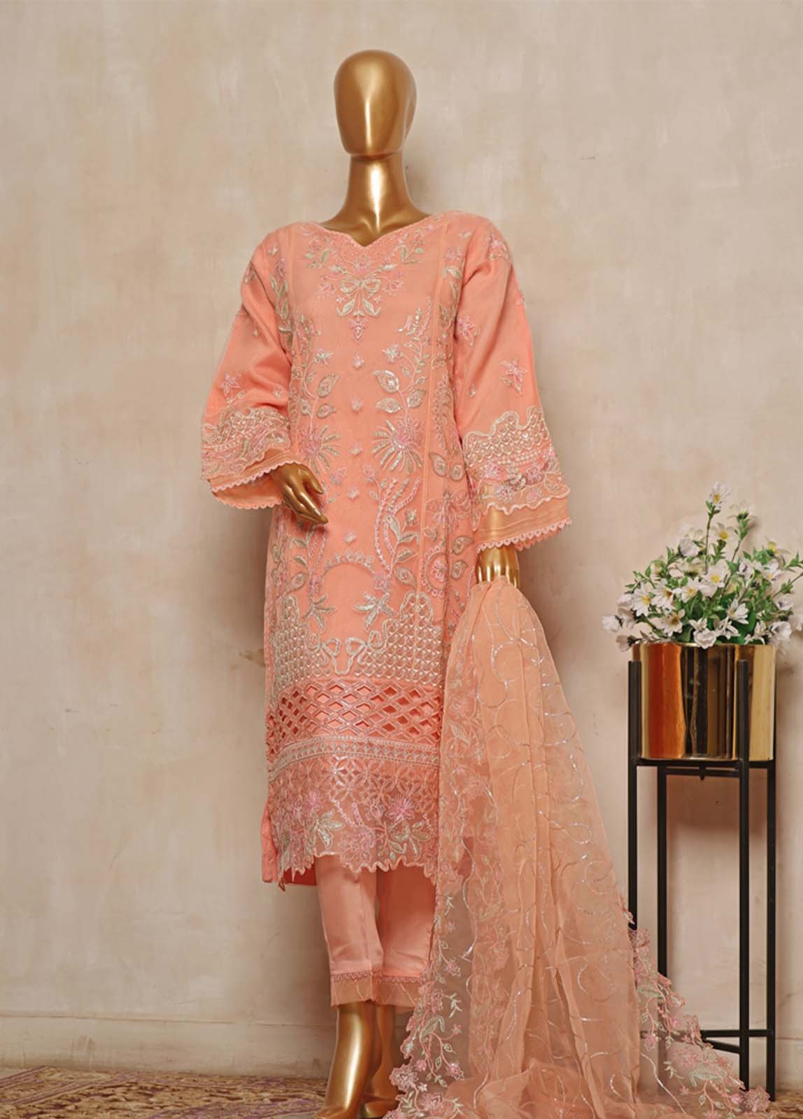 Bin Saeed Fabric - RTS-005 B- 3 Piece Embroidered Organza