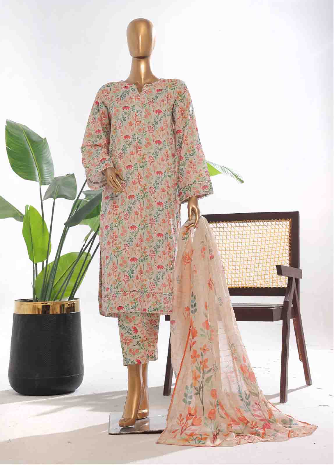 Bin Saeed Fabric - SM-0107- 3 Piece Printed Stitched Suit
