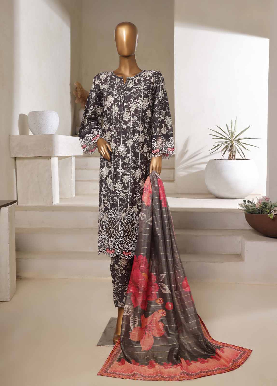 Bin Saeed Fabric - SM-0138-EMBC-3 Piece Chikankari Stitched Suit