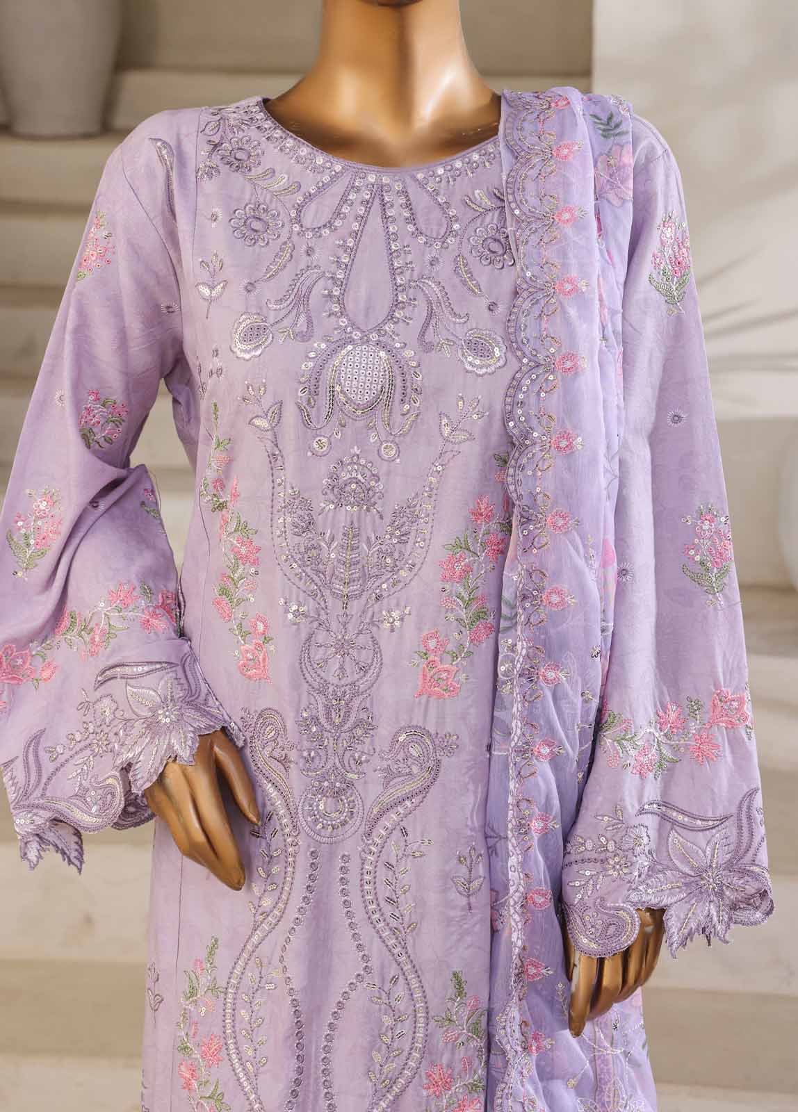 Bin Saeed Fabric - SM-027-A-DEMB-3 Piece Luxury Self Embroidered Stitched Suit