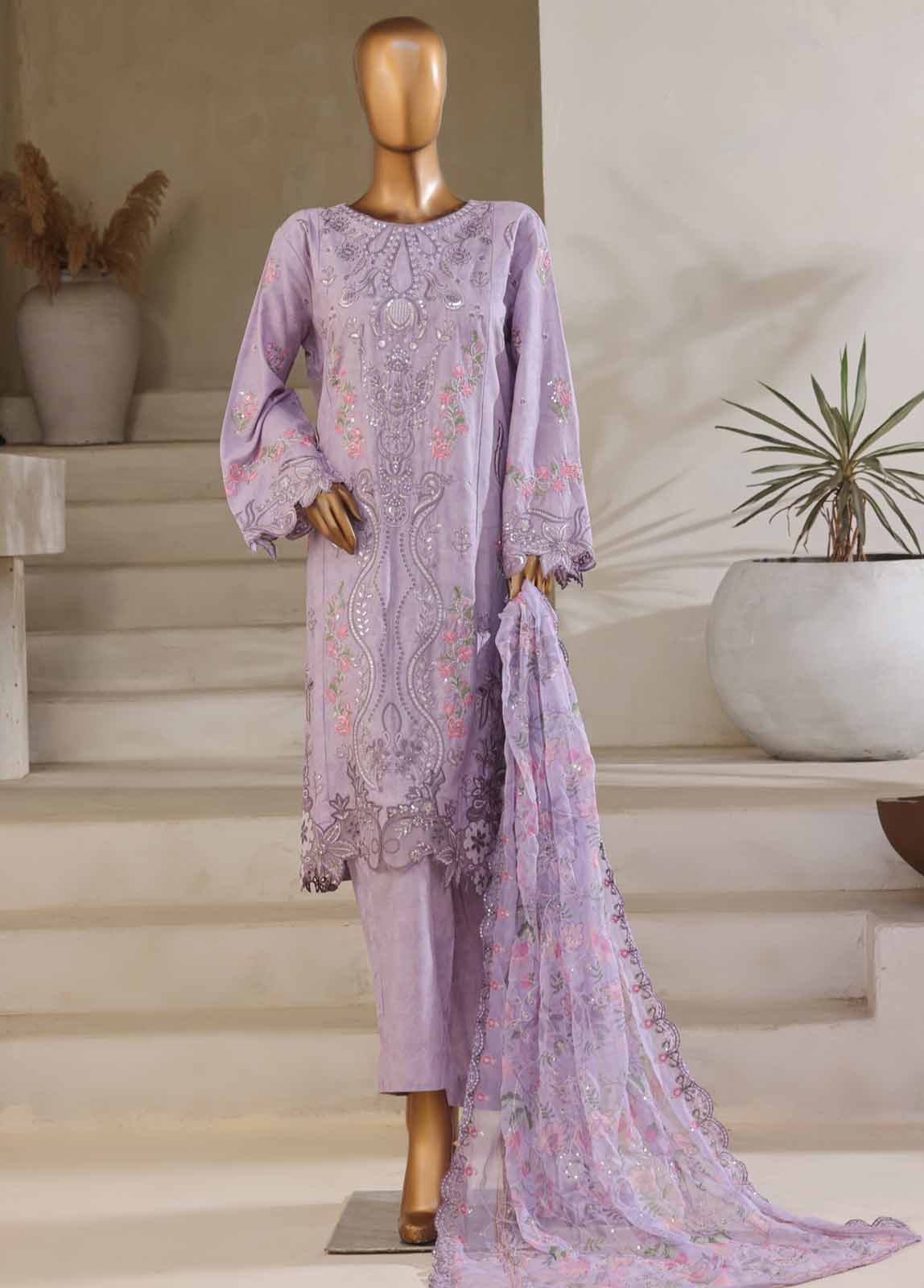 Bin Saeed Fabric - SM-027-A-DEMB-3 Piece Luxury Self Embroidered Stitched Suit