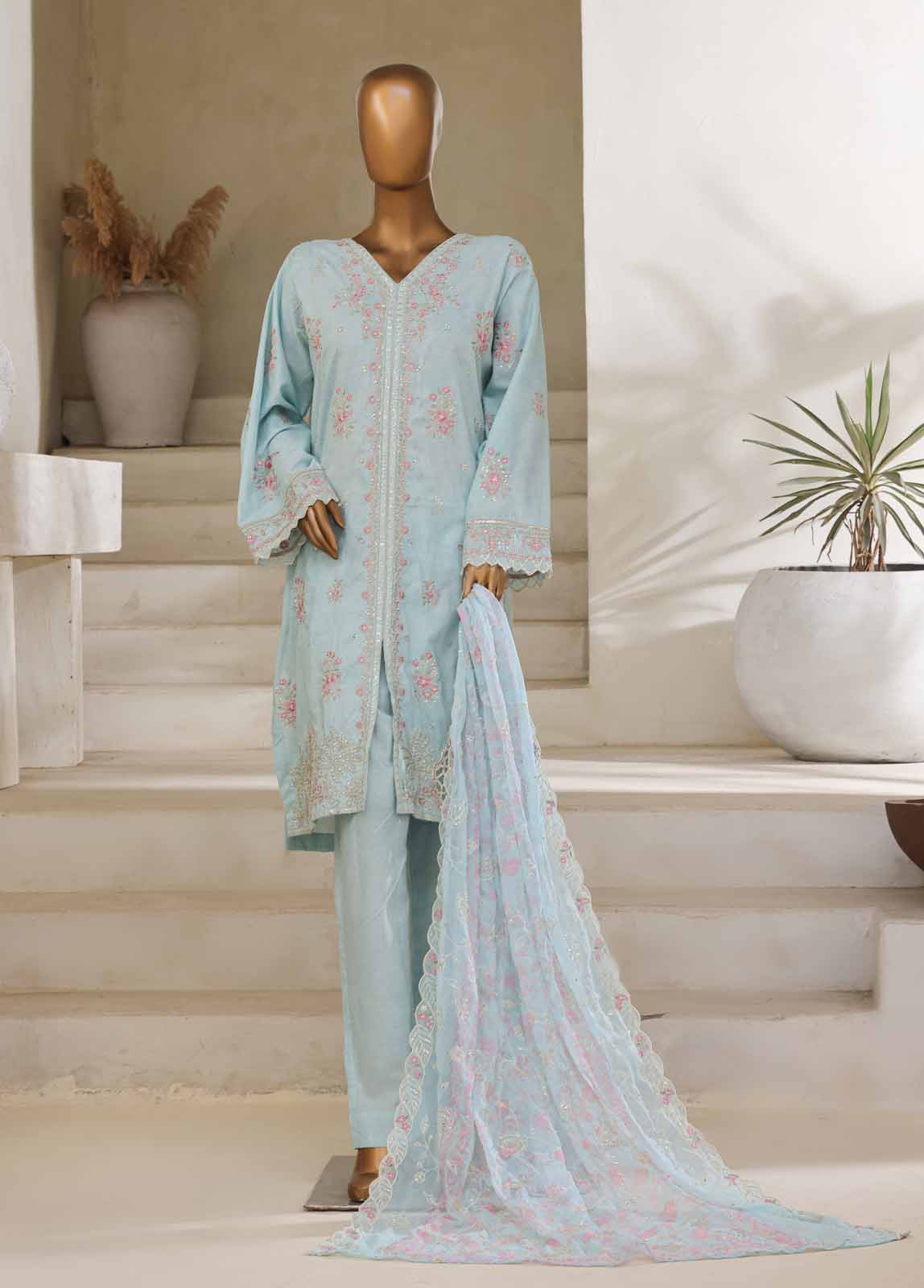Bin Saeed Fabric - SM-028-O-DEMB-3 Piece Luxury Self Embroidered Stitched Suit