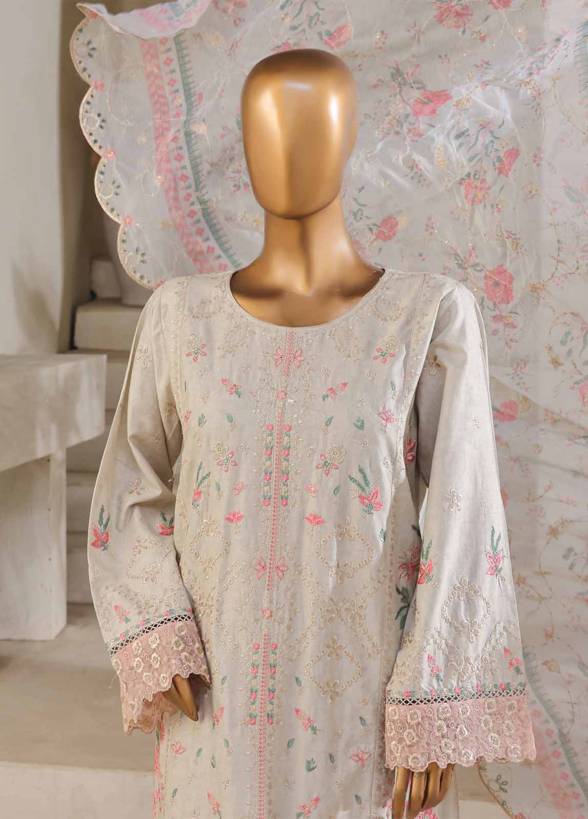 SM-029-DEMB-3 Piece Luxury Self Embroidered Stitched Suit