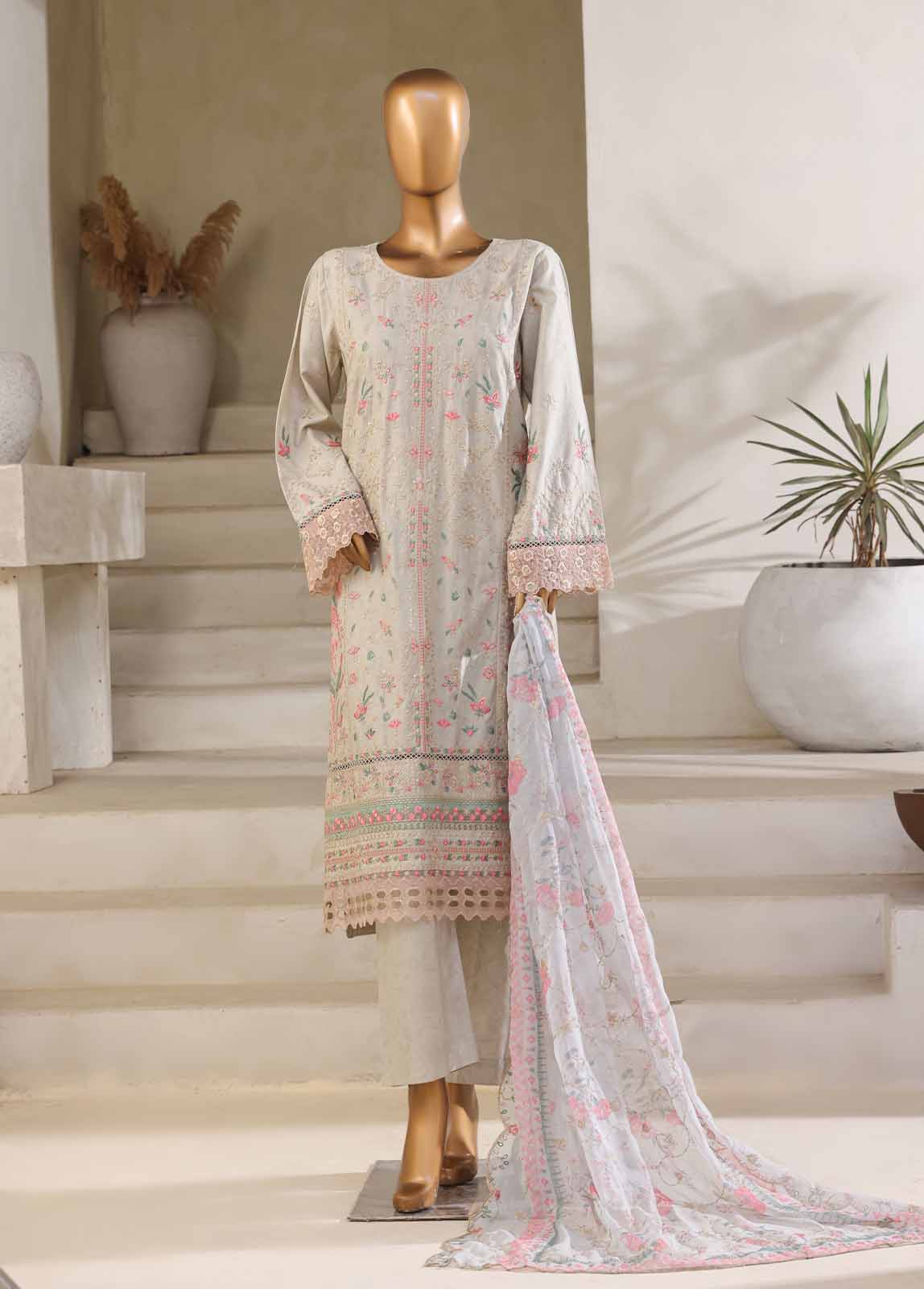 SM-029-DEMB-3 Piece Luxury Self Embroidered Stitched Suit