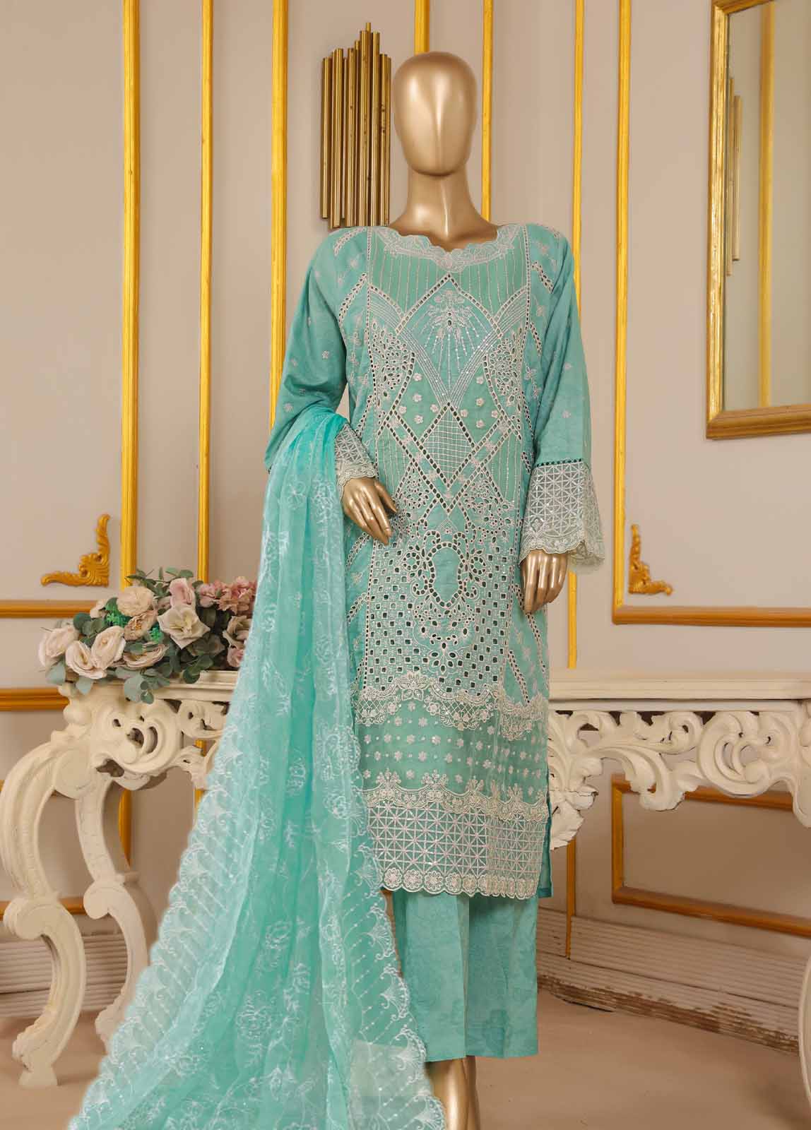 Bin Saeed Fabric - SM-030 DEMB R-52- 3 Piece Self Embroidered Stitched Suit
