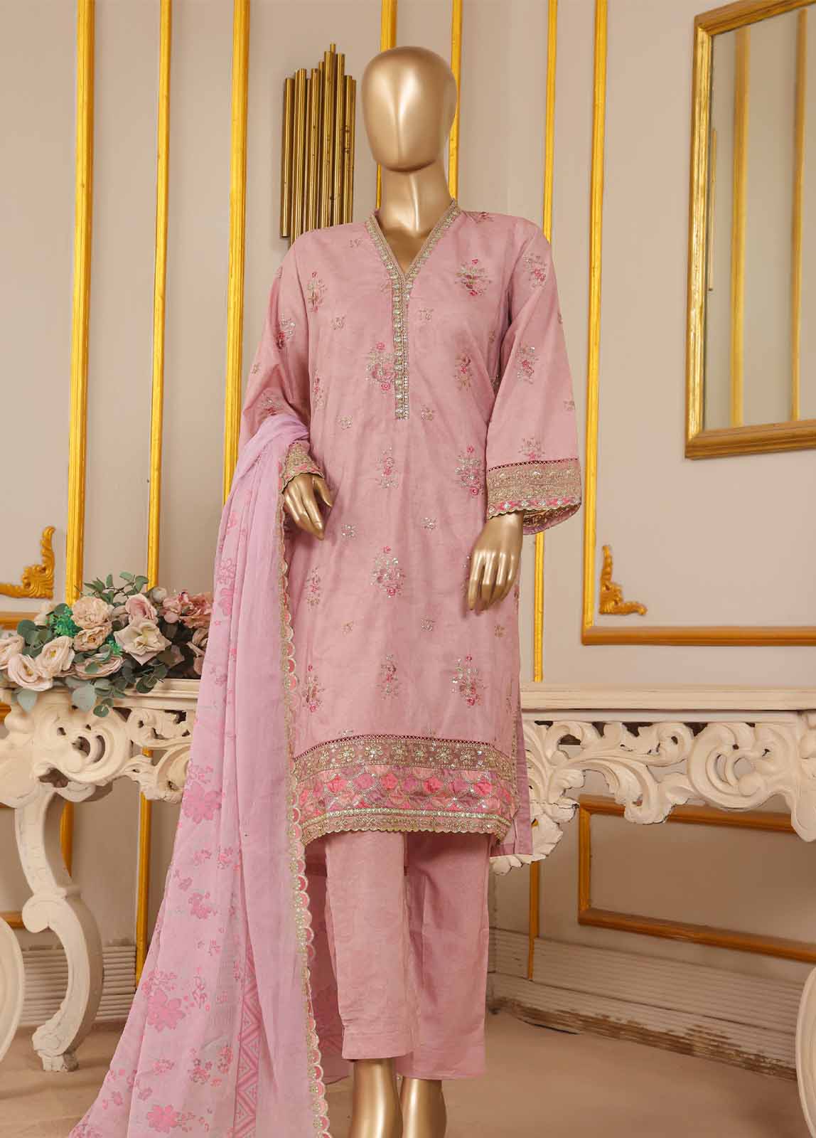 SM-032 DEMB R-52- 3 Piece Self Embroidered Stitched Suit