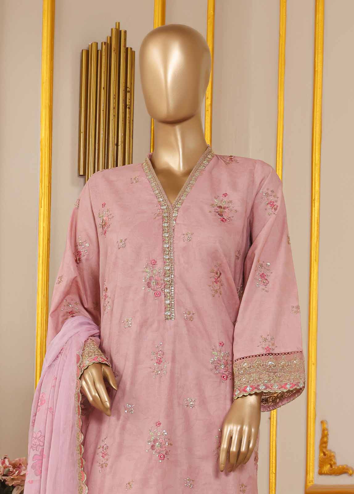Bin Saeed Fabric - SM-032 DEMB R-52- 3 Piece Self Embroidered Stitched Suit