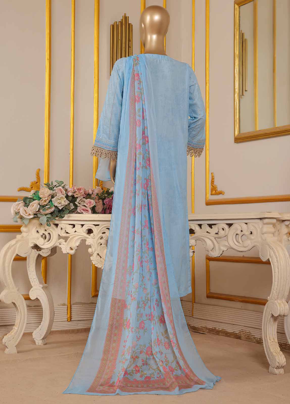 SM-033 A DEMB R-52- 3 Piece Self Embroidered Stitched Suit
