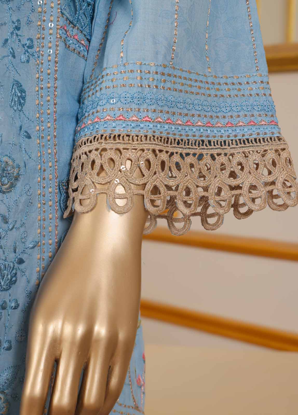 SM-033 A DEMB R-52- 3 Piece Self Embroidered Stitched Suit