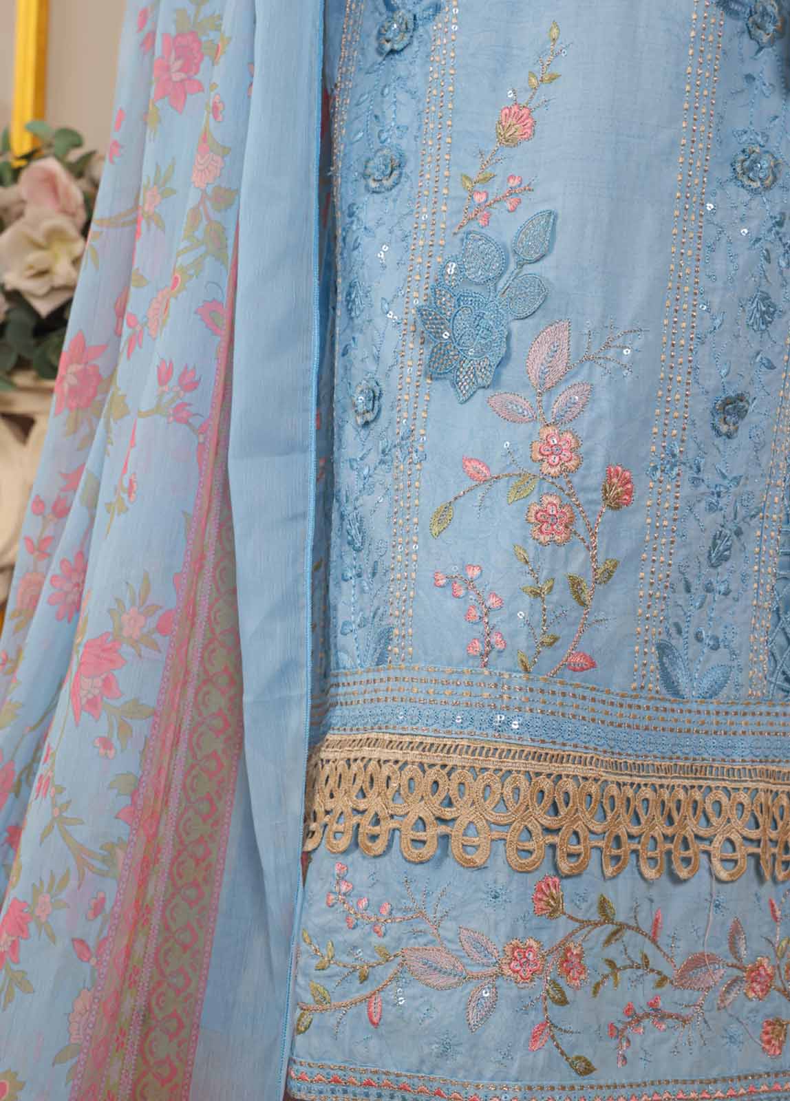 SM-033 A DEMB R-52- 3 Piece Self Embroidered Stitched Suit
