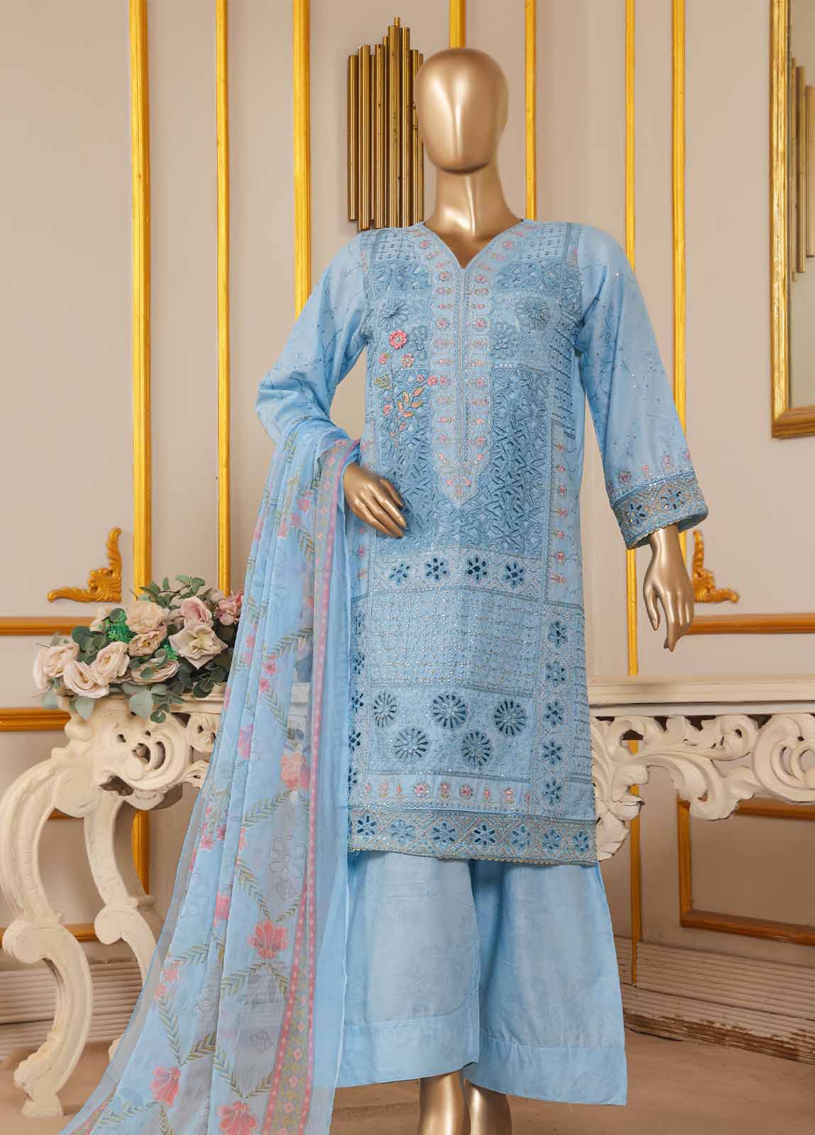 SM-033-B DEMB R-52- 3 Piece Embroidered Farshi Shalwar Stitched Suit