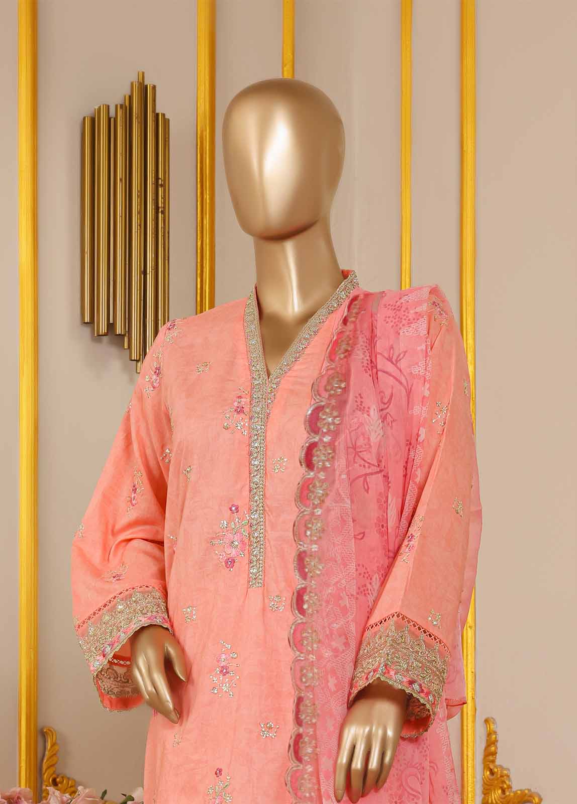 SM-034-B DEMB R-52- 3 Piece Embroidered Farshi Shalwar Stitched Suit