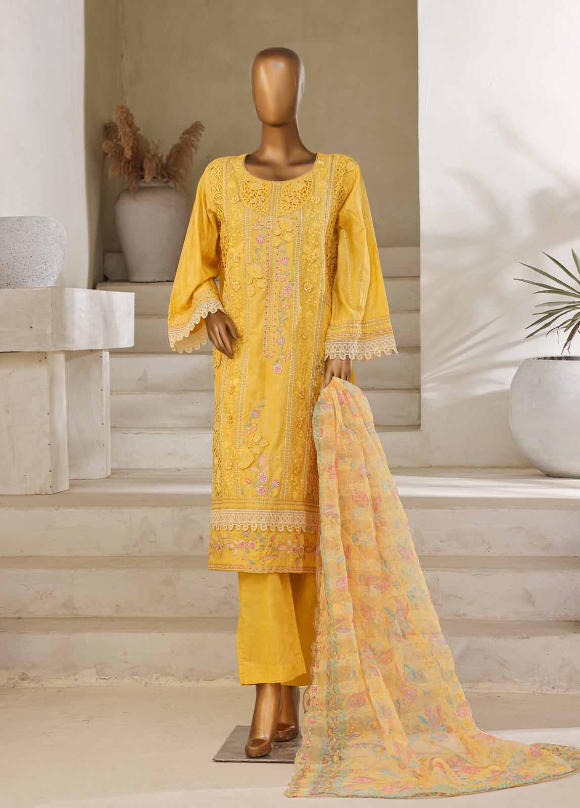 Bin Saeed Fabric - SM-036-B-DEMB-3 Piece Luxury Self Embroidered Stitched Suit