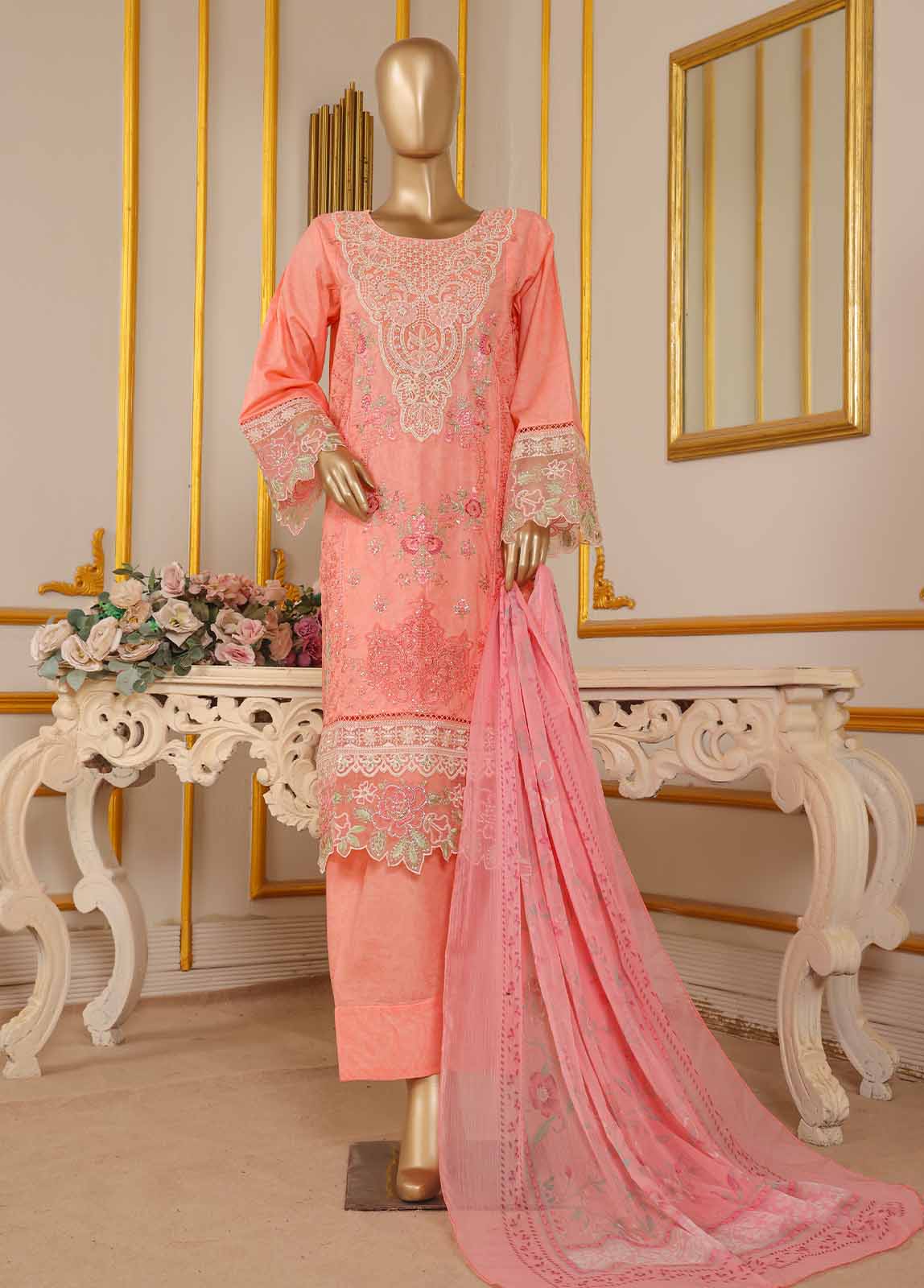 Bin Saeed Fabric - SM-037-B DEMB R-52- 3 Piece Self Embroidered Stitched Suit