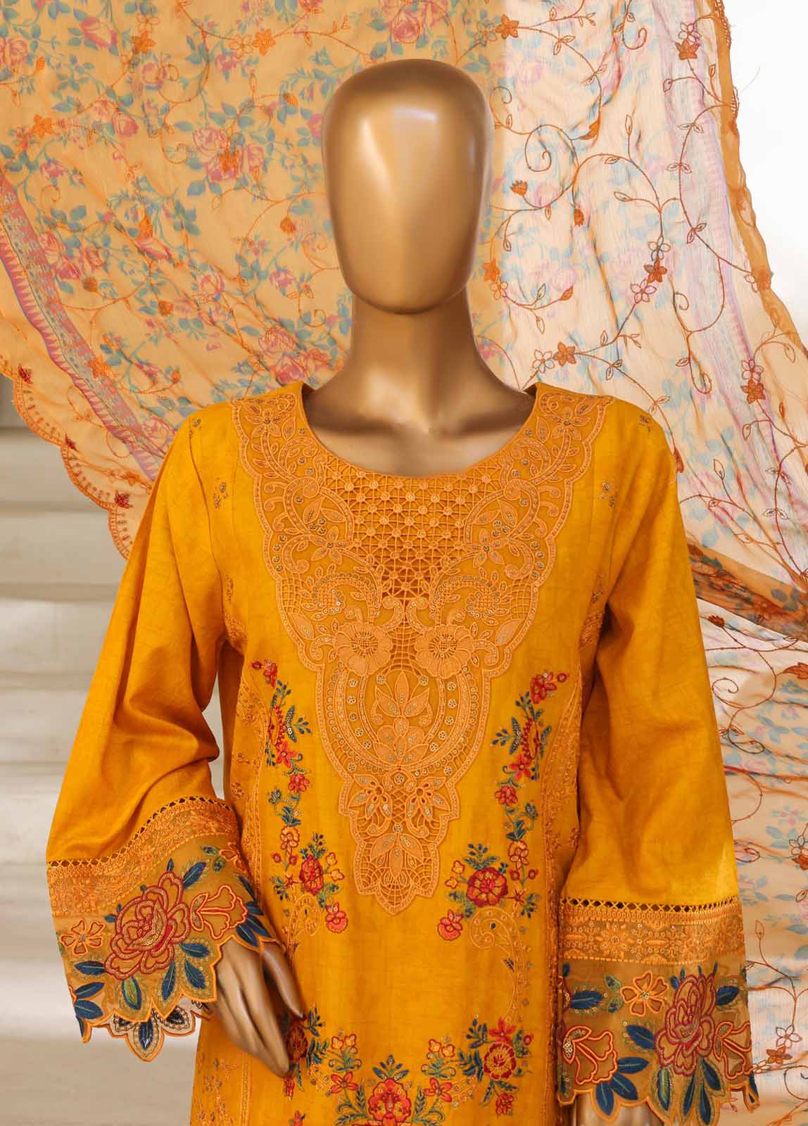 Bin Saeed Fabric - SM-038-B-DEMB-3 Piece Luxury Self Embroidered Stitched Suit