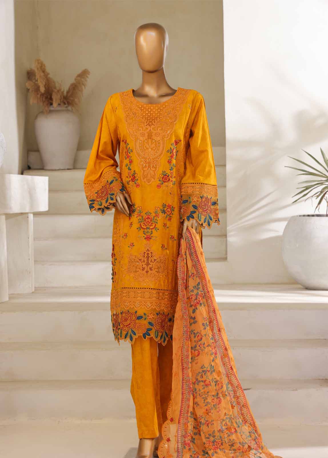 SM-038-B-DEMB-3 Piece Luxury Self Embroidered Stitched Suit
