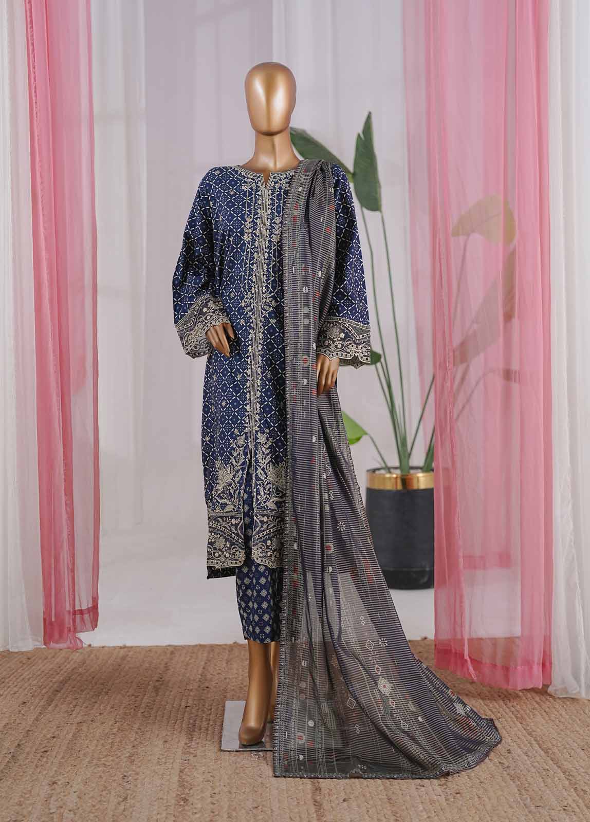 Bin Saeed Fabric - SM-040-EMBC-3 Piece Chikankari Stitched Suit