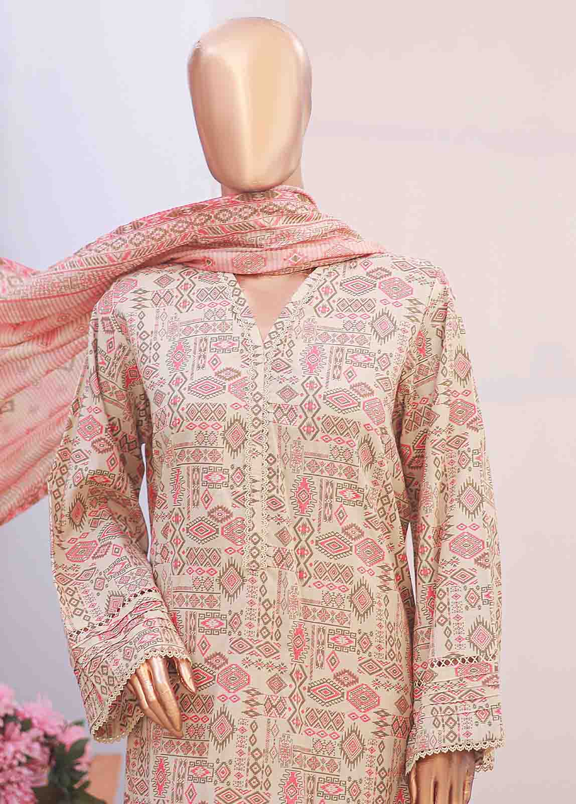 Bin Saeed Fabric - SM-042 R- 3 Piece Printed Stitched Suit
