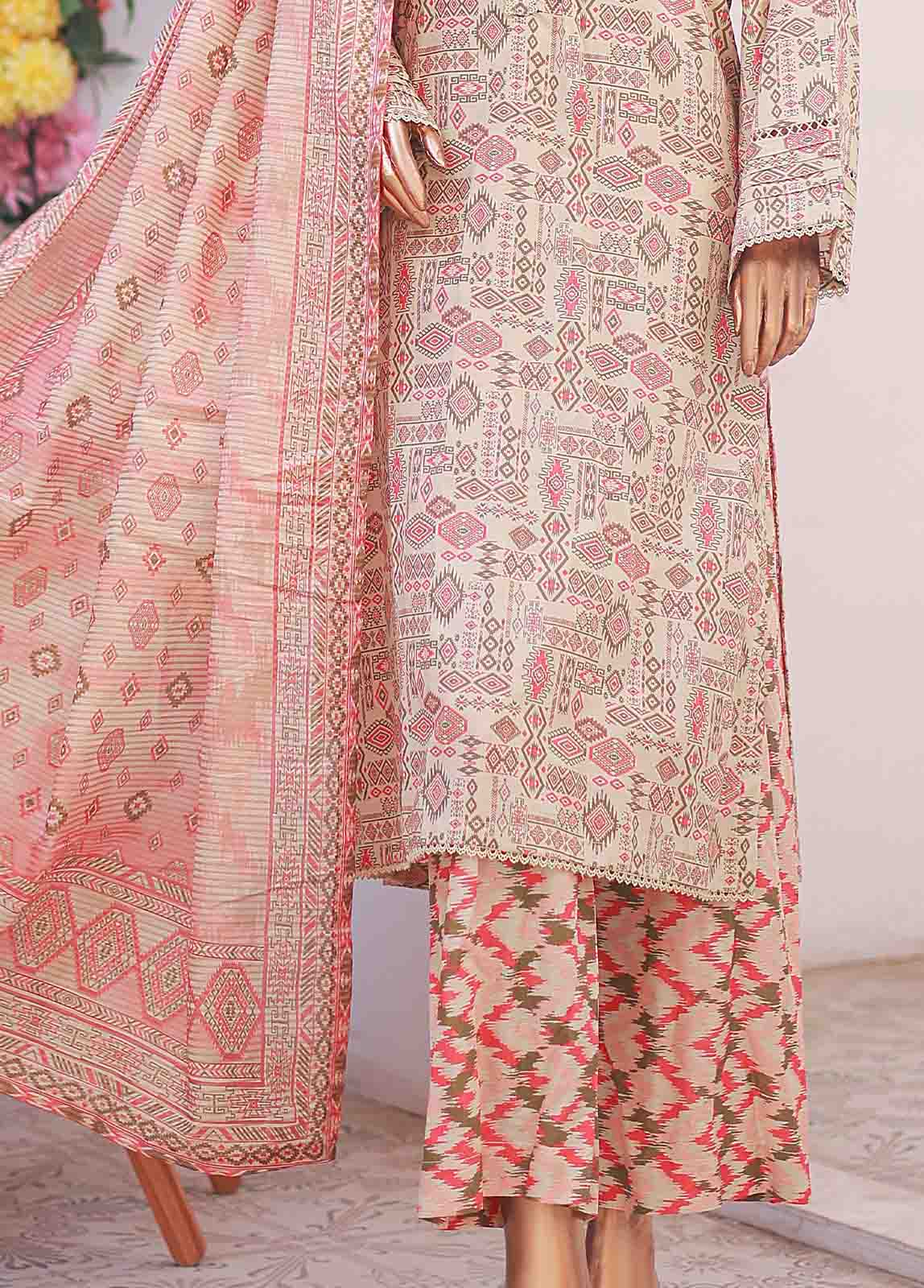 Bin Saeed Fabric - SM-042 R- 3 Piece Printed Stitched Suit