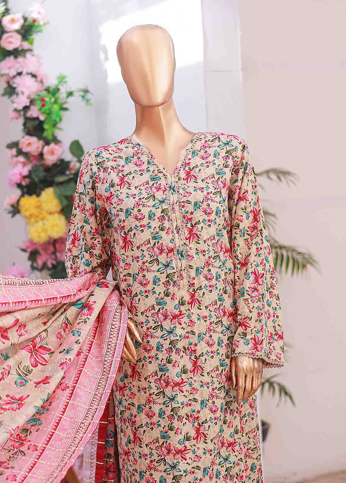 Bin Saeed Fabric - SM-043 R- 3 Piece Printed Stitched Suit