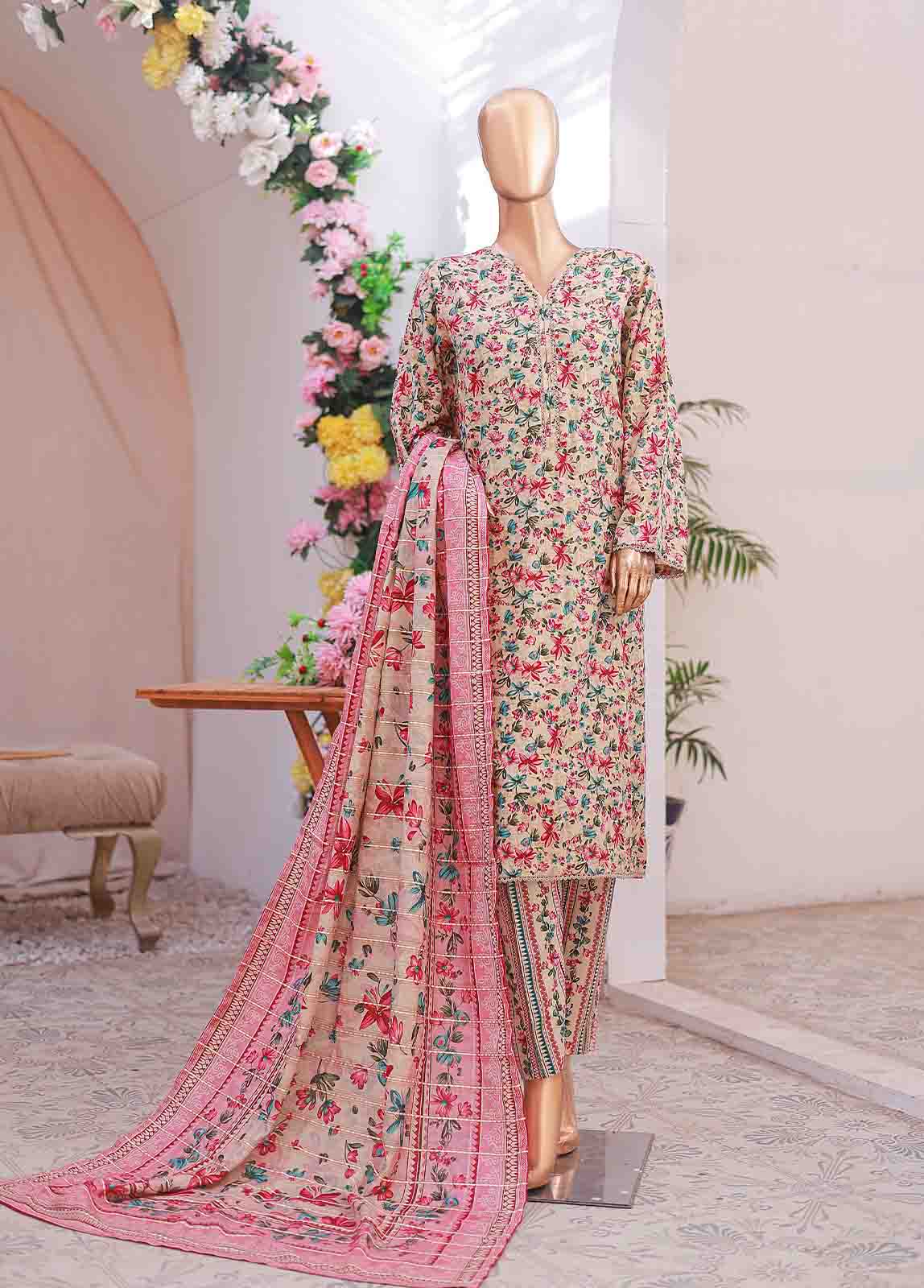 Bin Saeed Fabric - SM-043 R- 3 Piece Printed Stitched Suit