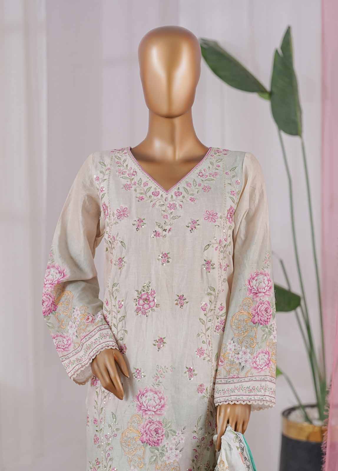 Bin Saeed Fabric - SM-045-EMBC-3 Piece Chikankari Stitched Suit