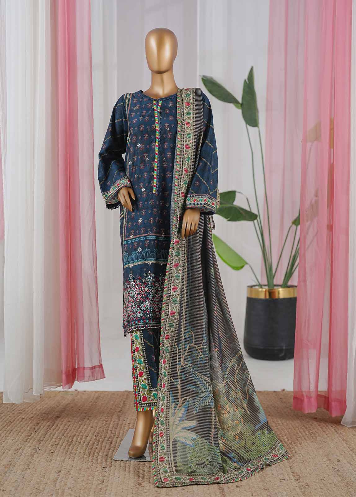 Bin Saeed Fabric - SM-055-EMBC-3 Piece Chikankari Stitched Suit