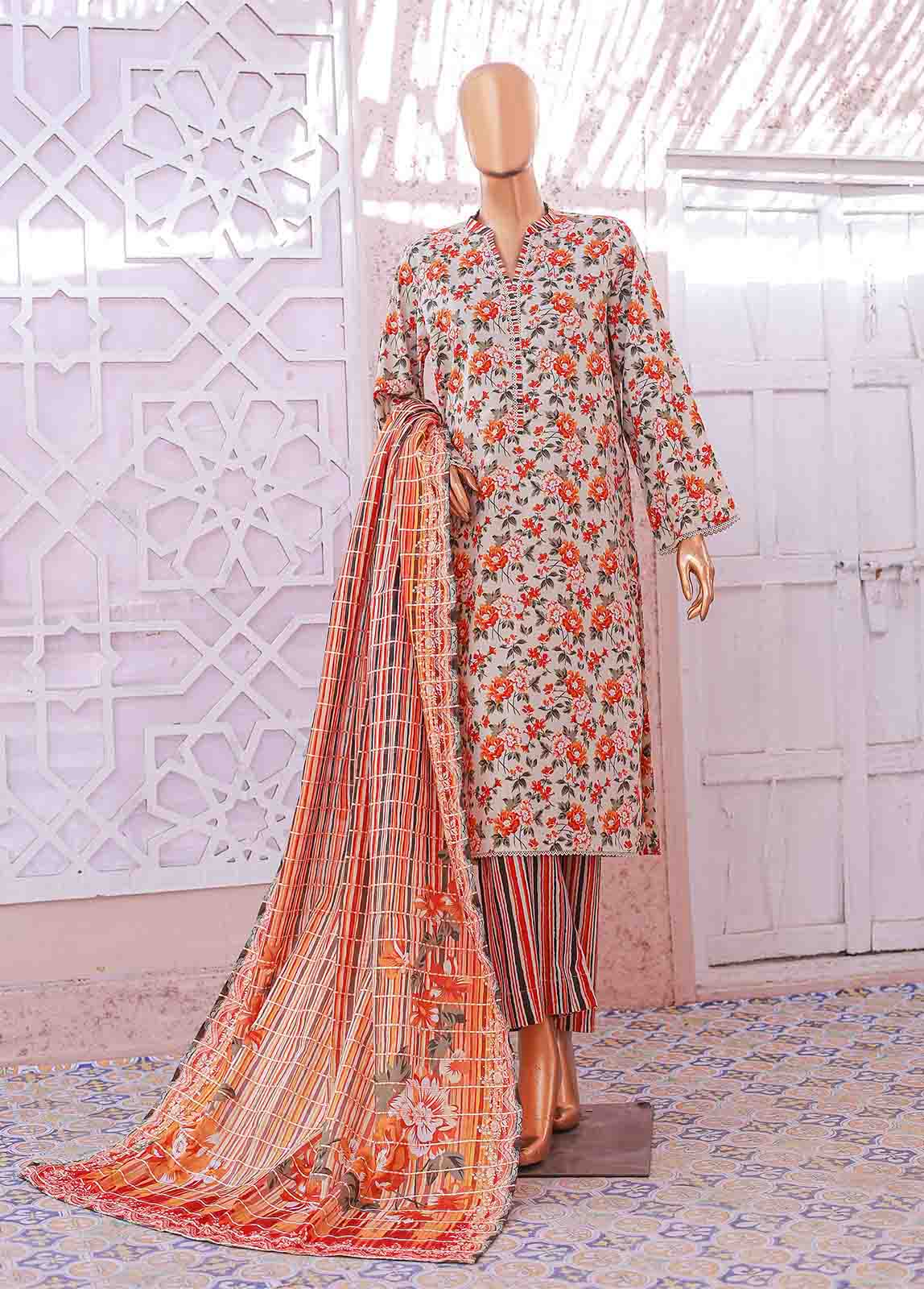 Bin Saeed Fabric - SM-058 R- 3 Piece Printed Stitched Suit