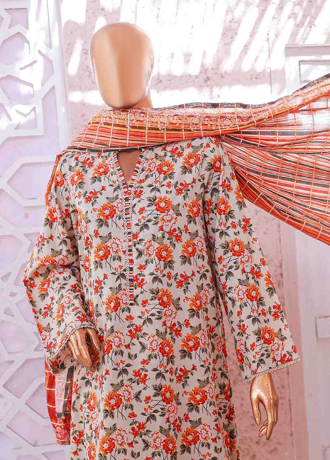 Bin Saeed Fabric - SM-058 R- 3 Piece Printed Stitched Suit