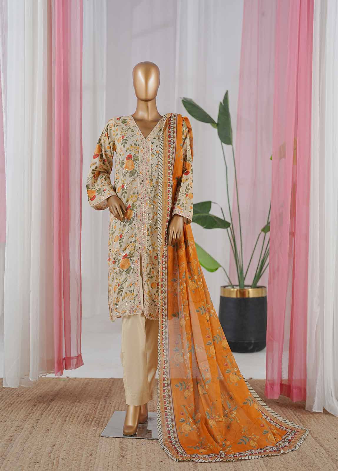Bin Saeed Fabric - SM-060-EMBC-3 Piece Chikankari Stitched Suit