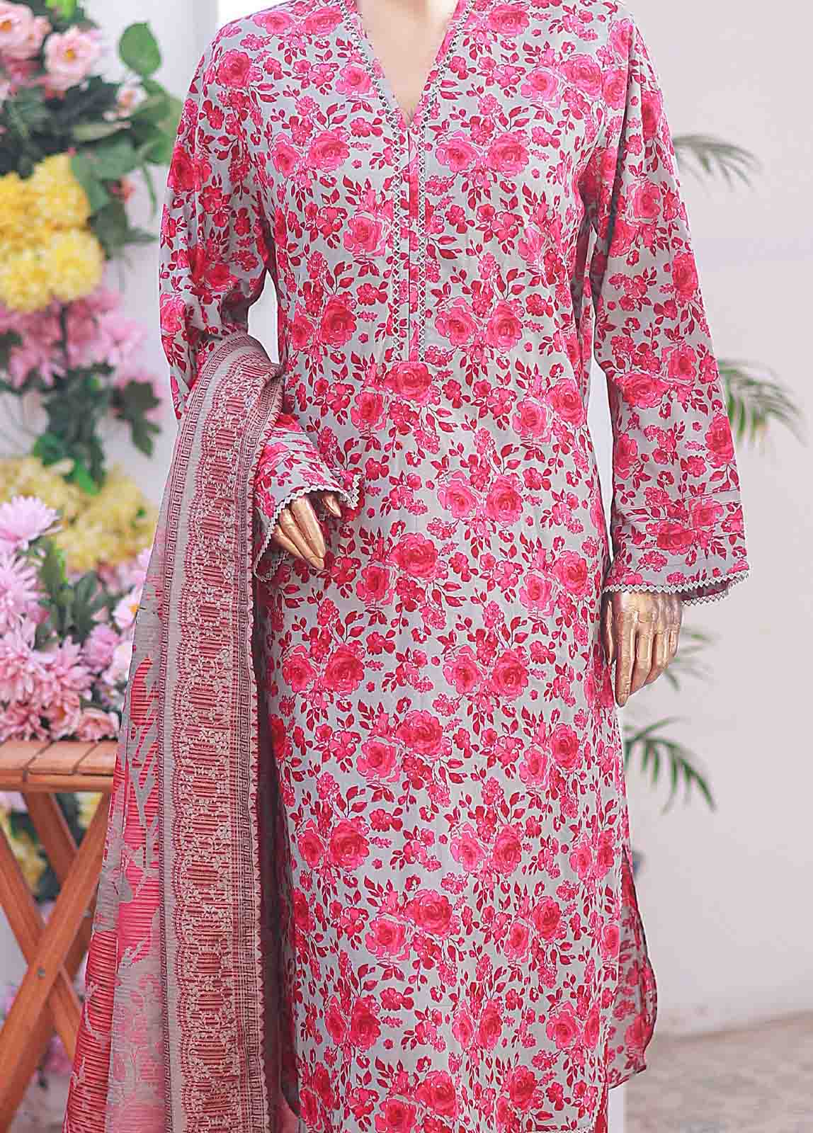 Bin Saeed Fabric - SM-062 R- 3 Piece Printed Stitched Suit
