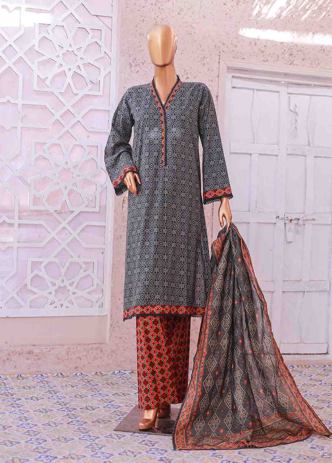 Bin Saeed Fabric - SM-063 R- 3 Piece Printed Stitched Suit