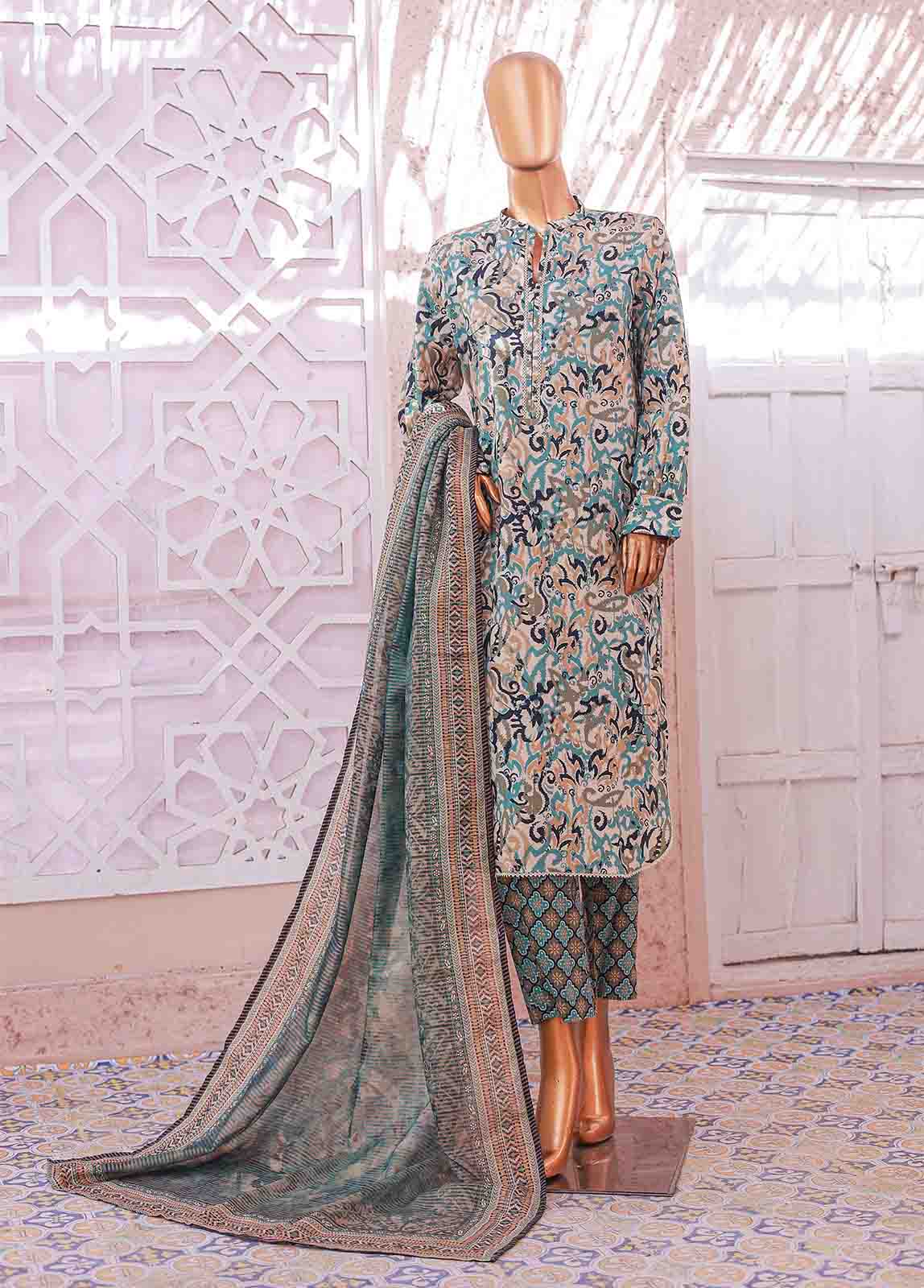 Bin Saeed Fabric - SM-066 R- 3 Piece Printed Stitched Suit