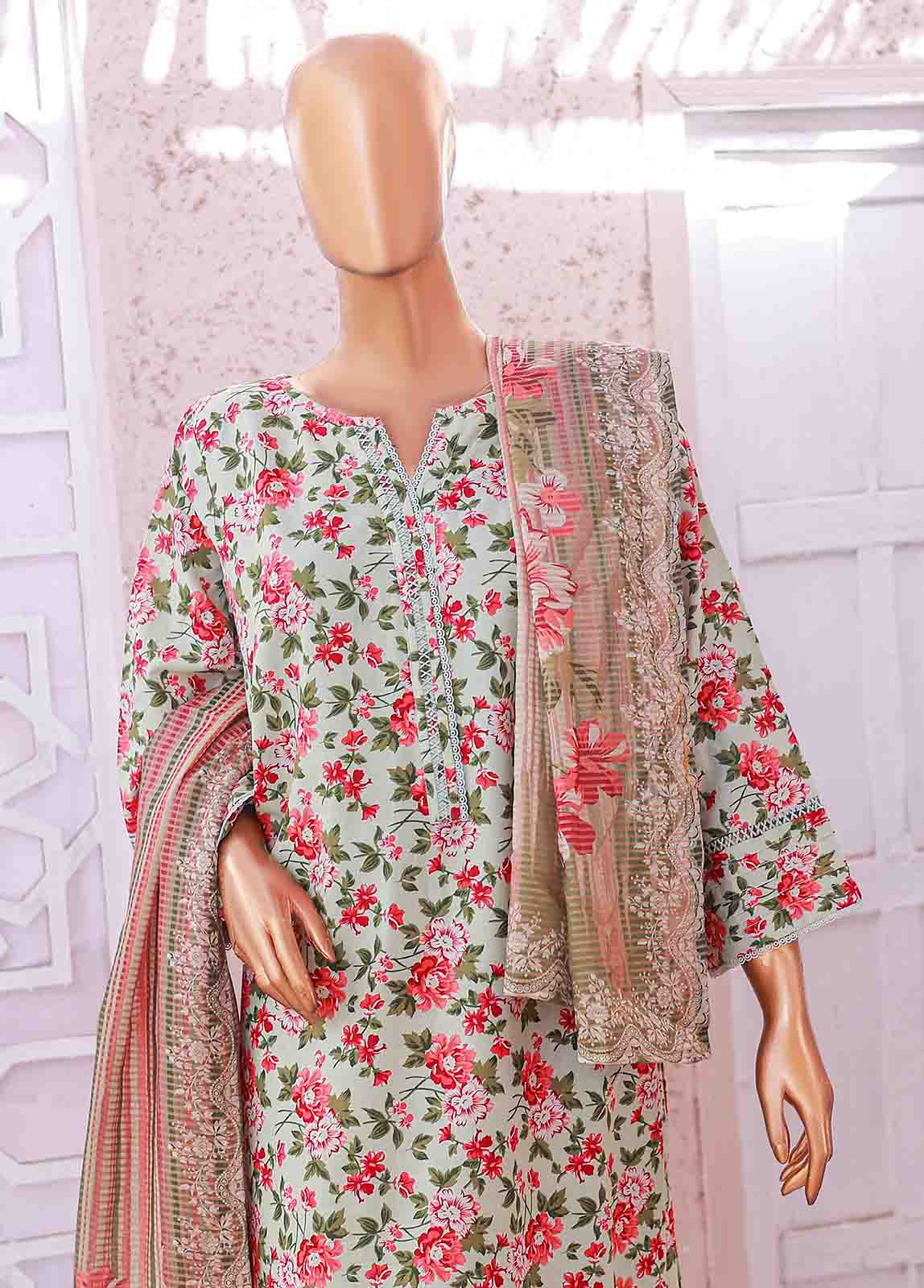 Bin Saeed Fabric - SM-068 R- 3 Piece Printed Stitched Suit
