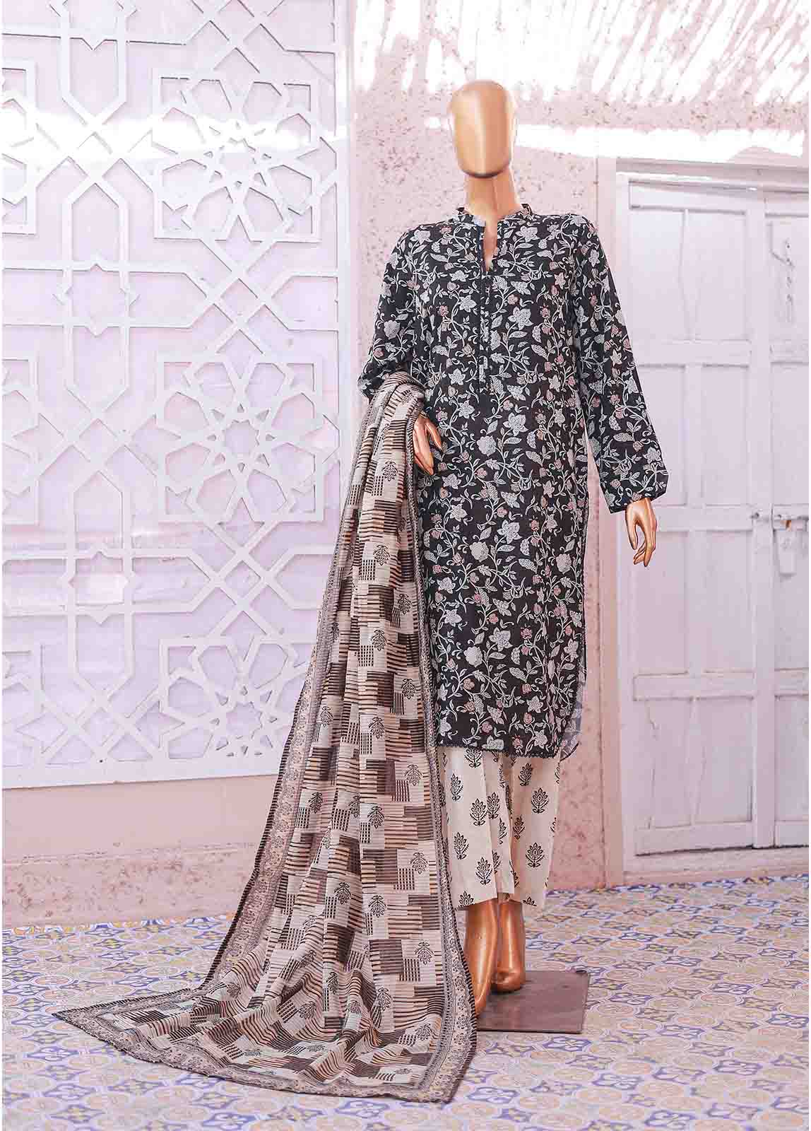 Bin Saeed Fabric - SM-072 R- 3 Piece Printed Stitched Suit