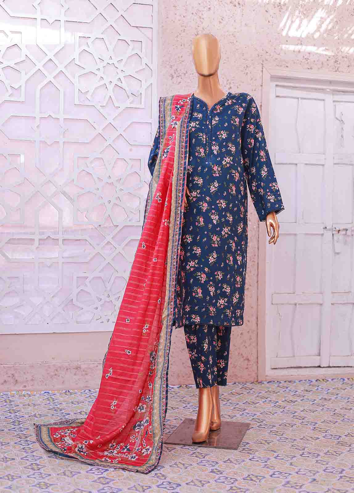 Bin Saeed Fabric - SM-073 R- 3 Piece Printed Stitched Suit