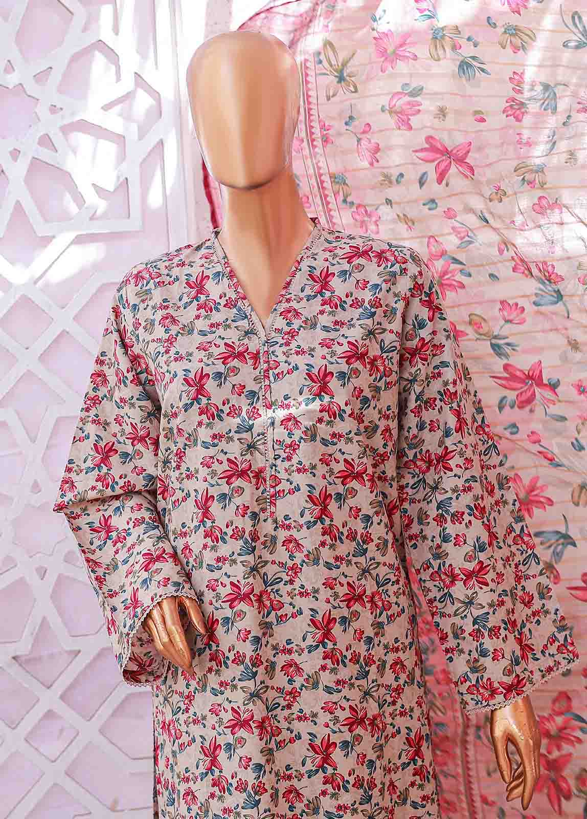 Bin Saeed Fabric - SM-075 R- 3 Piece Printed Stitched Suit