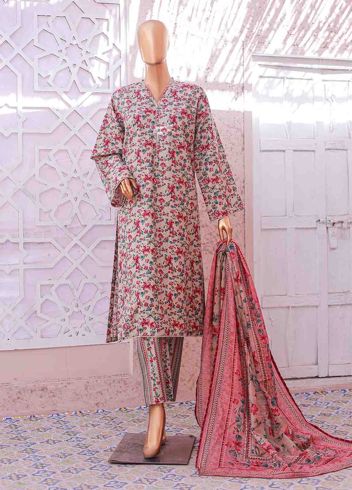 Bin Saeed Fabric - SM-075 R- 3 Piece Printed Stitched Suit