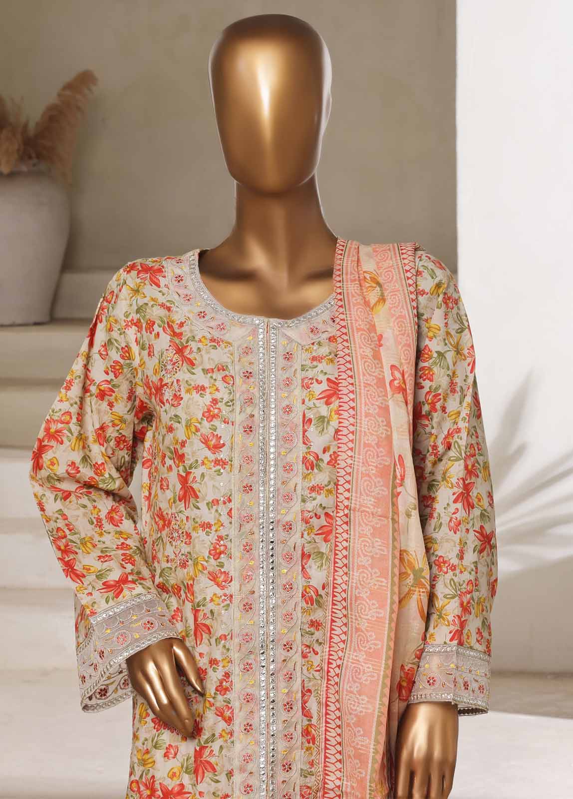 Bin Saeed Fabric - SM-076-EMBC-3 Piece Chikankari Stitched Suit